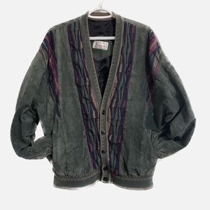 Bovines Adventure Wear, vintage suede bomber jacket with knit trim.